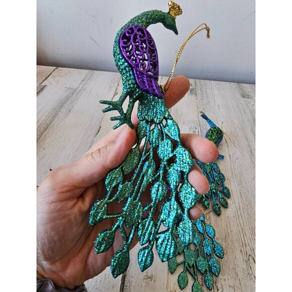 Vintage Kurt Adler peacock glitter ornament bird green blue purple Xmas tree - Picture 4 of 10